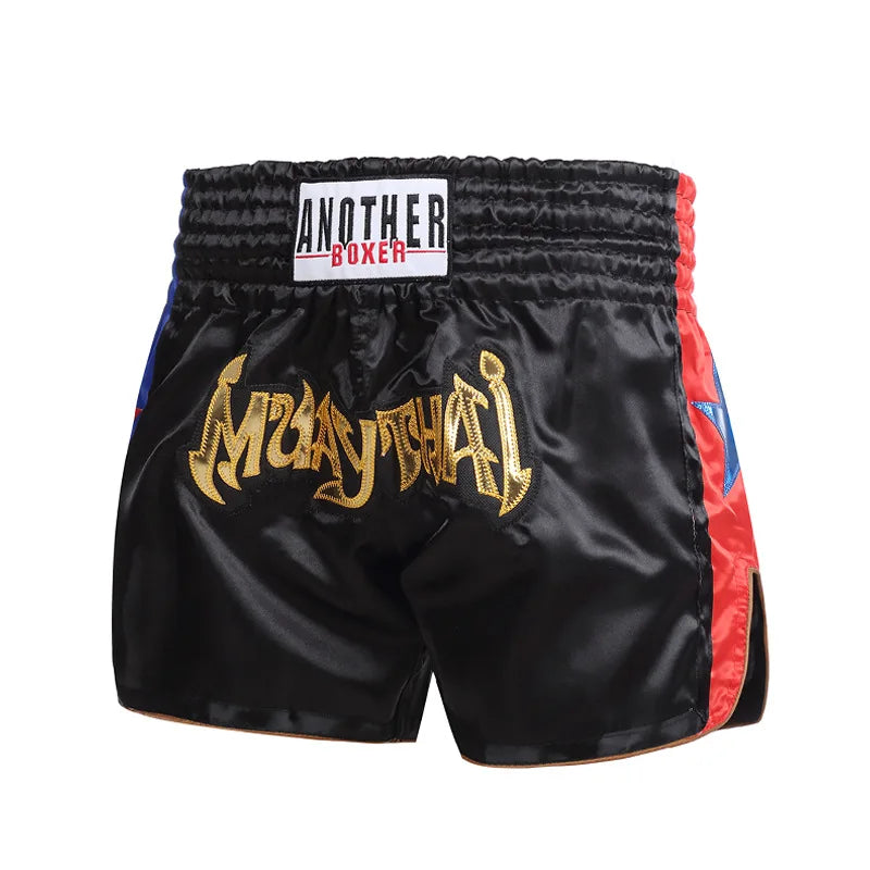 Unisex Muay Thai shorts from The Clothing Company Sydney, lightweight kickboxing and MMA training gear, shown in black with logo details.
