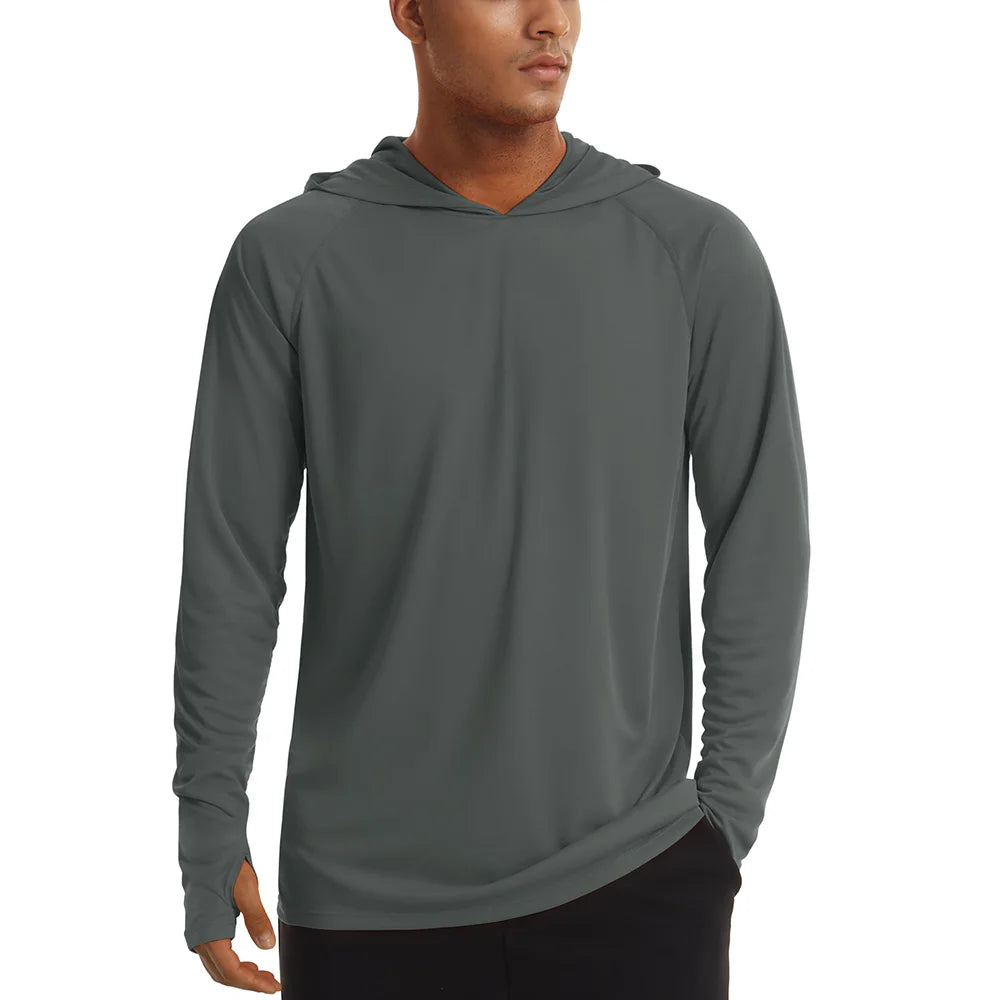 Men's UPF 50+ hooded T-shirt by The Clothing Company Sydney, quick-dry long sleeve shirt with sun protection for outdoor sports and running