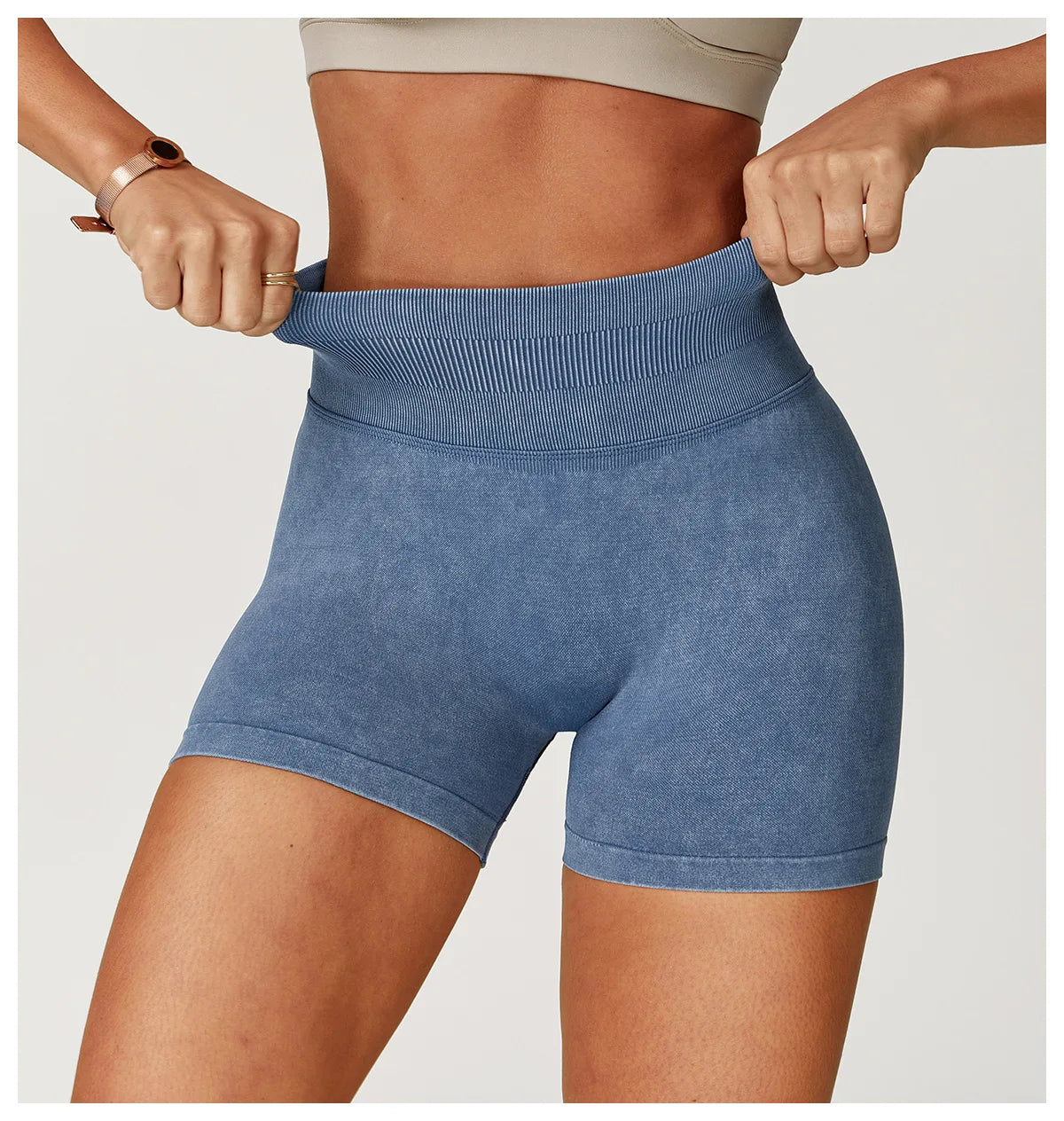High waist yoga bicycle shorts for women, sand washed workout shorts by The Clothing Company Sydney, ideal for fitness and running.
