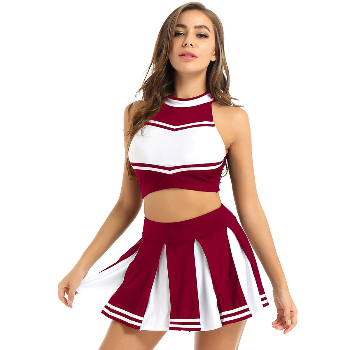 Women's cheerleader cosplay costume with stand collar crop top and mini pleated skirt, from The Clothing Company Sydney.