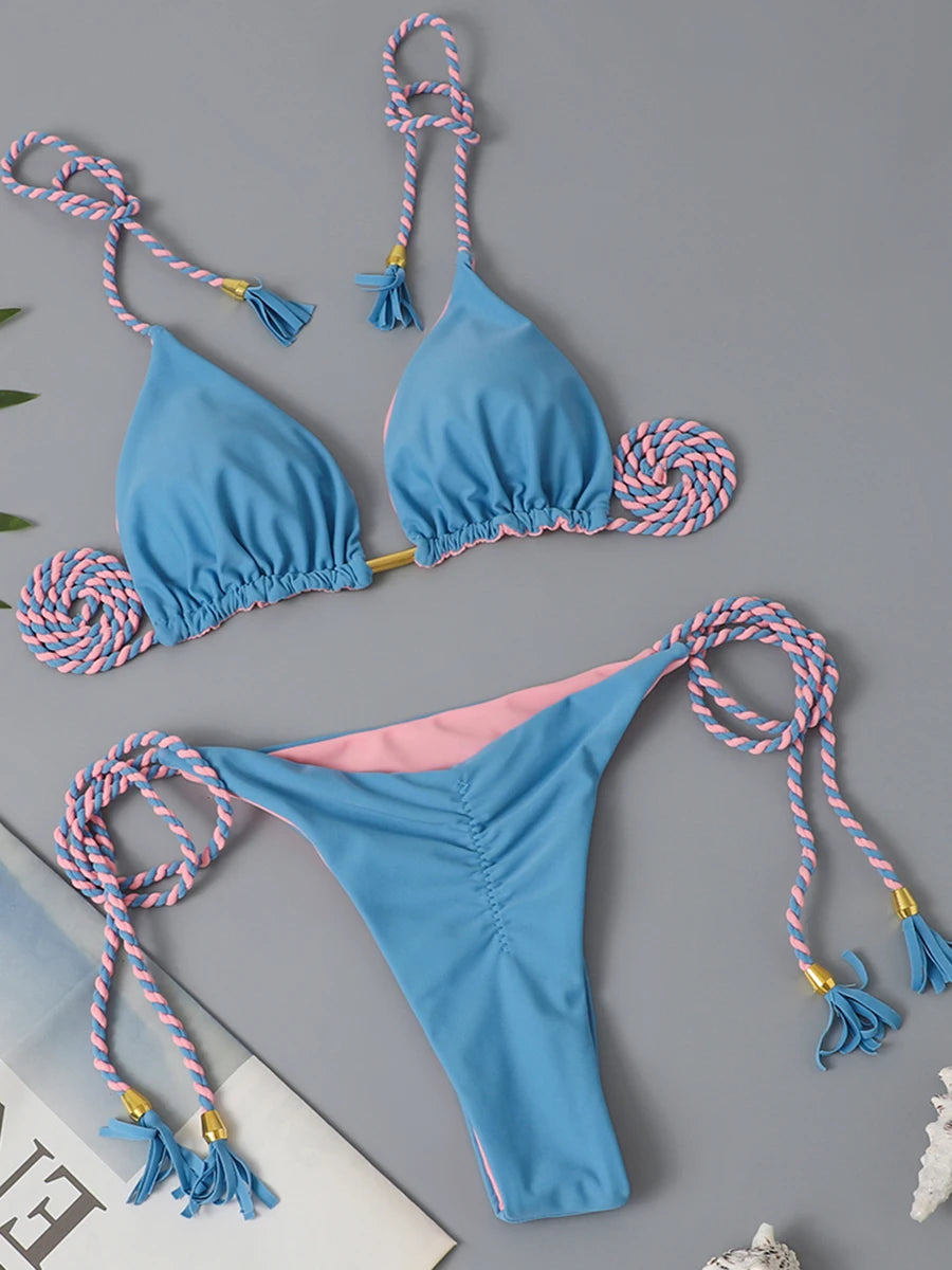 Two-piece triangle string bikini swimsuit by The Clothing Company Sydney, solid thong swimwear with triangle top and minimal beach coverage.