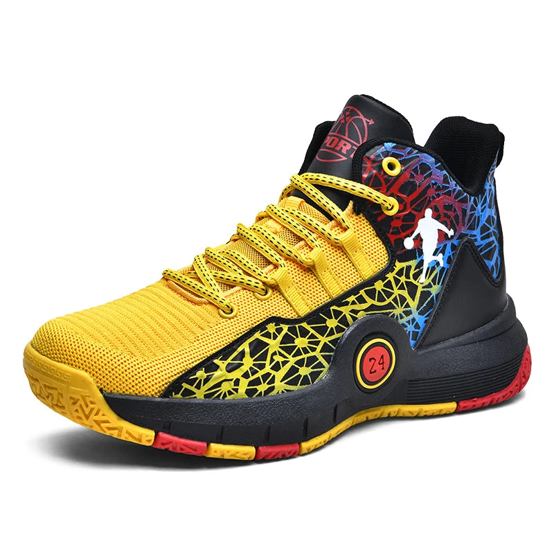 High-top basketball shoes by The Clothing Company Sydney featuring breathable material and non-slip soles, displayed on a clean background.