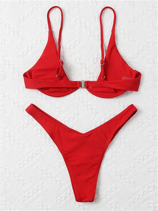 2 Piece Underwire Bikini Women Solid Red Push Up Bra Thong Swimsuit Haler V Neck Bathing Suit Mini Micro Thong Swimwear The Clothing Company Sydney