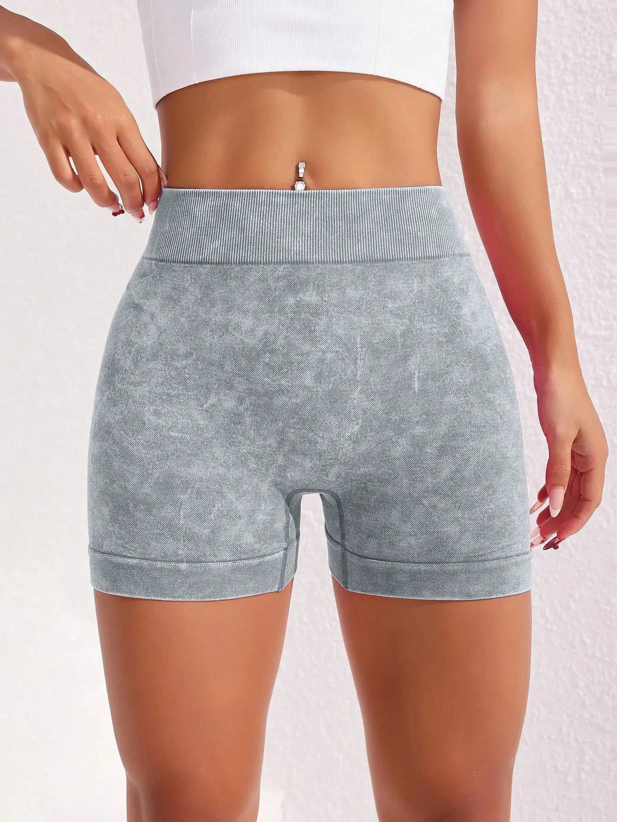 Women's washed yoga shorts by The Clothing Company Sydney, high waist fitness biker shorts with quick-drying fabric and hip lift design.