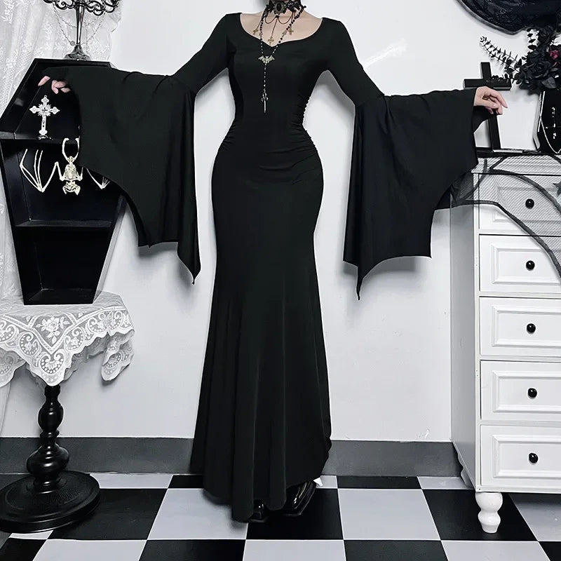 Women's Gothic black dress with batwing sleeves, perfect for Halloween costumes, by The Clothing Company Sydney.