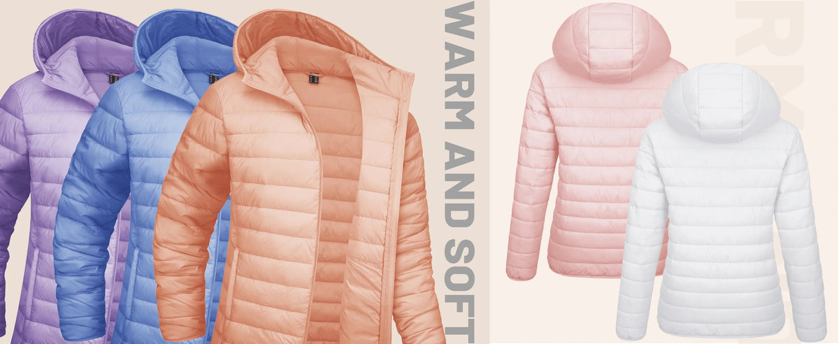 Warm puffer hooded women's waterproof quilted jacket with full zip, multiple pockets, lightweight down coat by The Clothing Company Sydney
