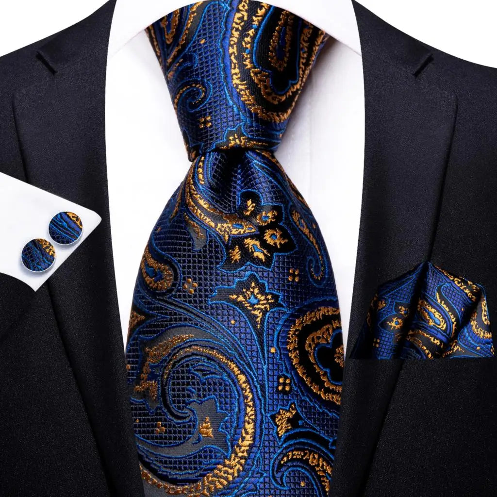 Blue paisley silk tie set with matching cufflinks and pocket hanky, stylish men's accessories by The Clothing Company Sydney.