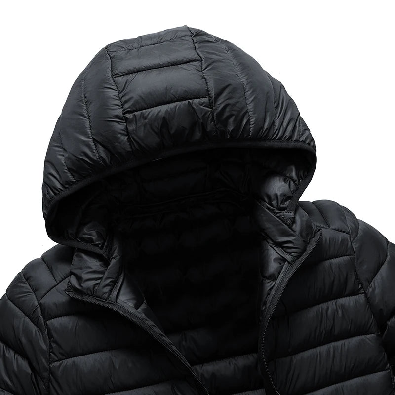 Men's hooded casual puffer down jacket from The Clothing Company Sydney, showing its quilted design and front zipper closure.