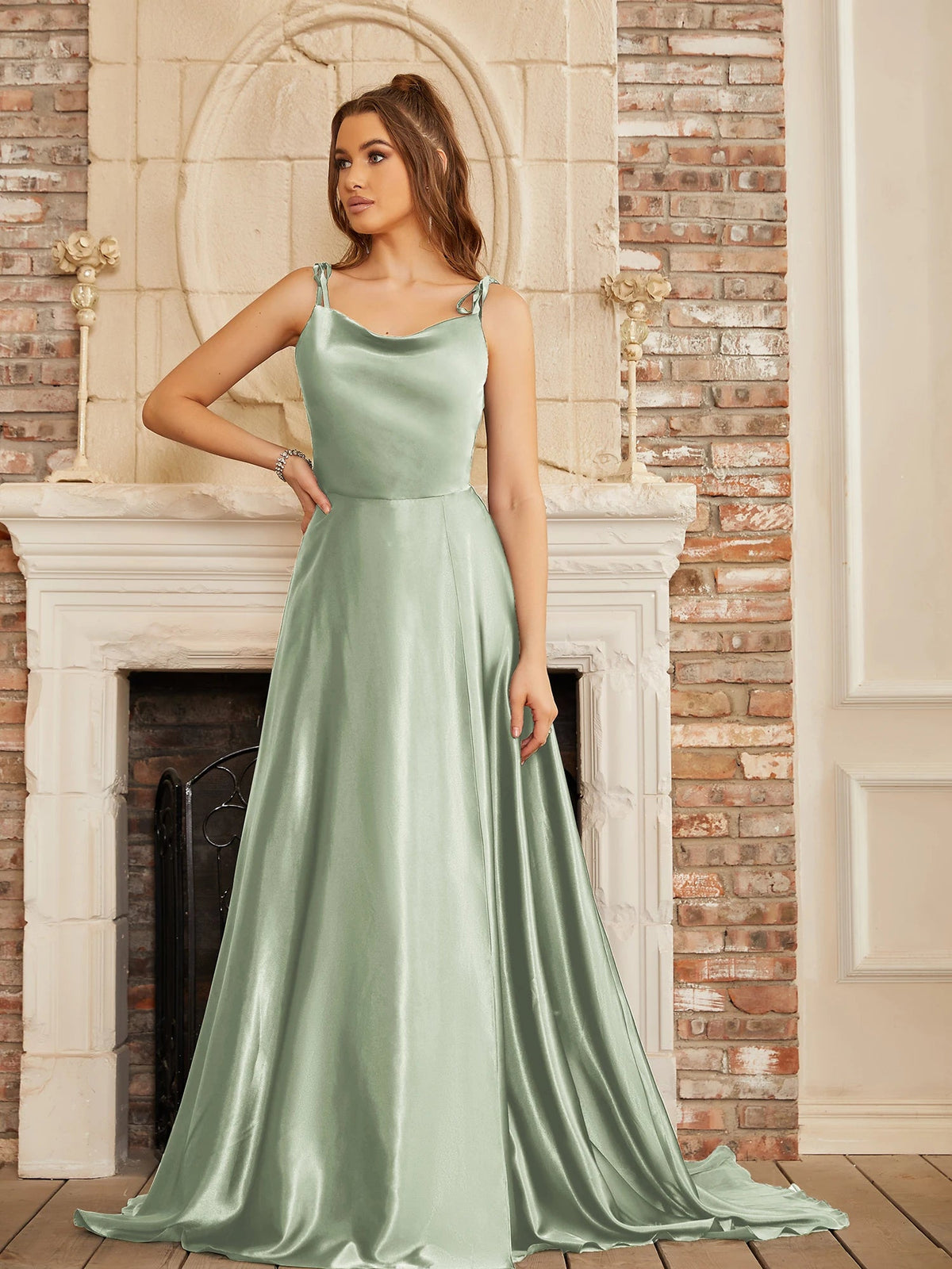 Mint green bridesmaid wedding dress with side slit, backless satin gown, spaghetti straps, long summer evening dress by The Clothing Company Sydney.