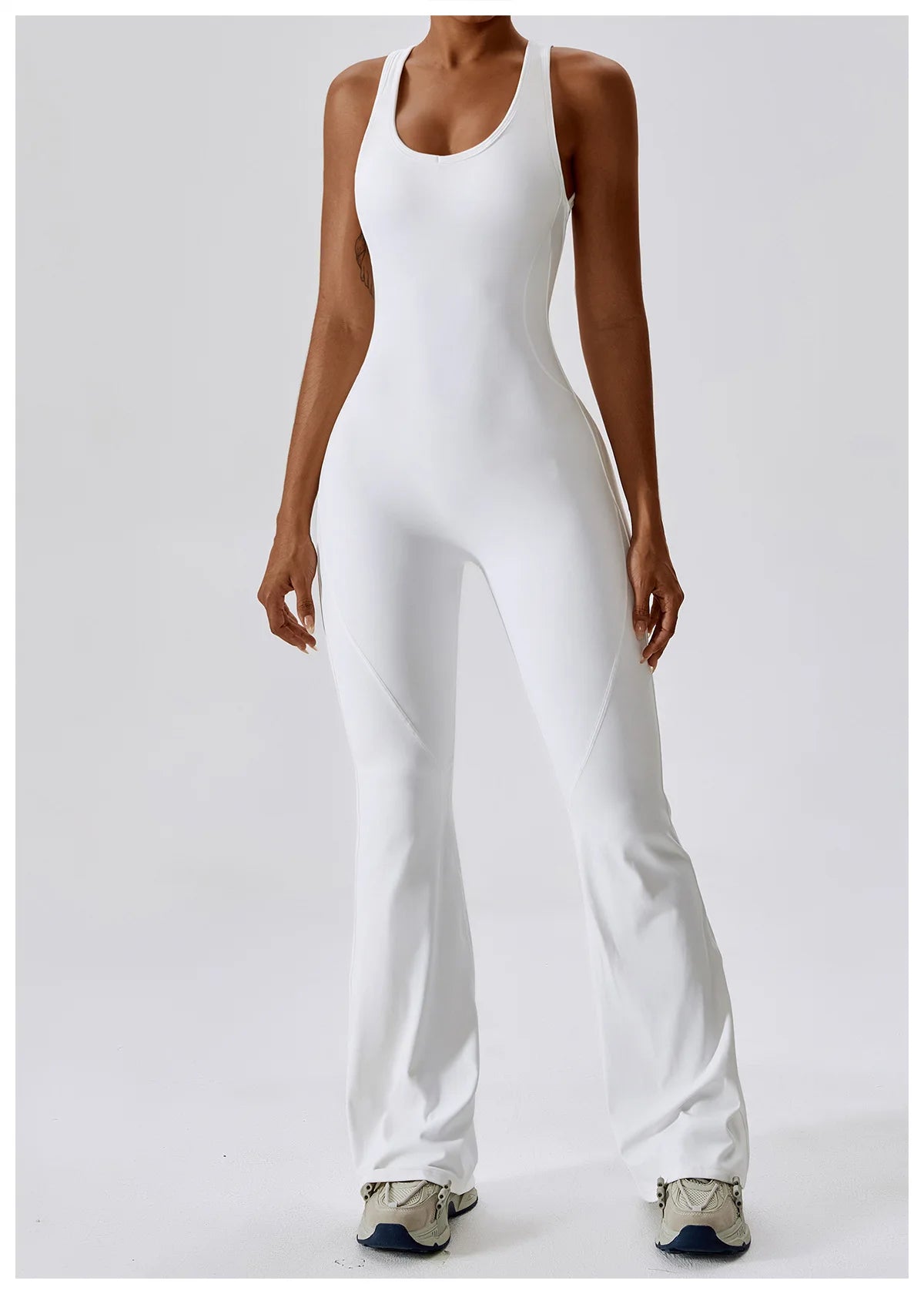Open back V-neck fitness jumpsuit by The Clothing Company Sydney, designed for gym, yoga, and workout sessions with stretchy fabric.