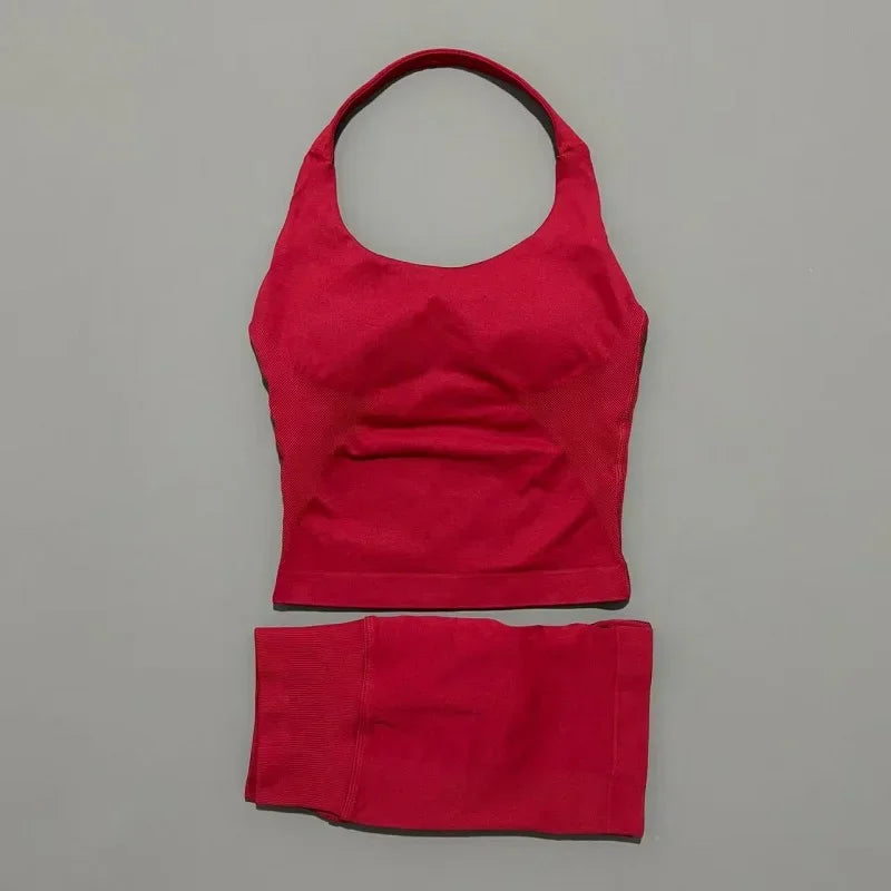 2 Piece Sports Halter Top Strappy Bra Shorts Matching Set Seamless Yoga Gym Running Fitness Shorts Suit