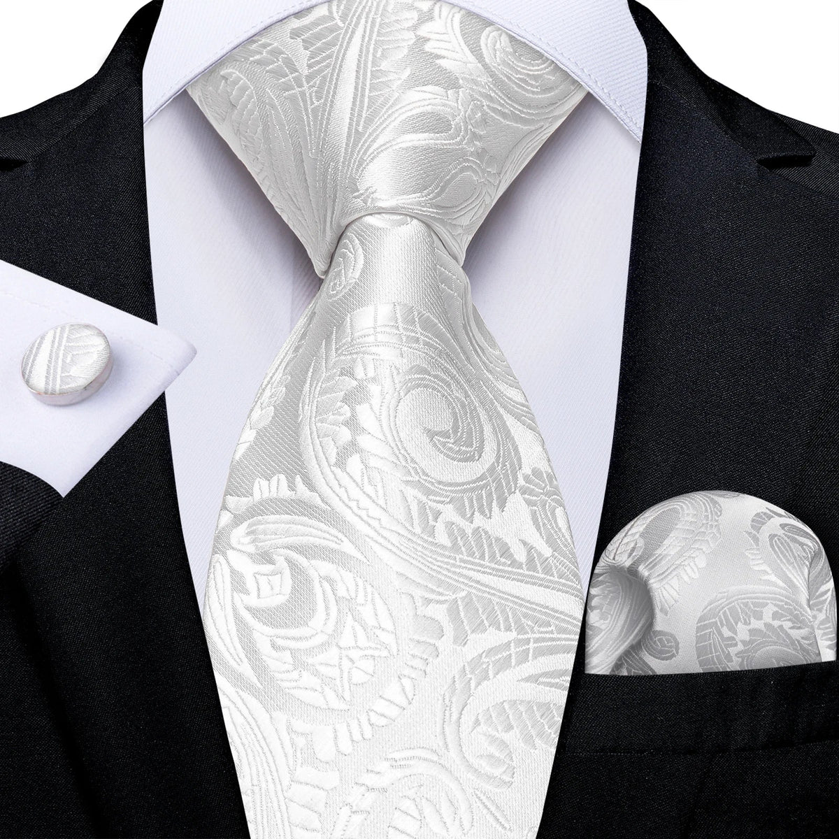 Men's gray paisley silk tie set with matching pocket square and cufflinks, stylish wedding accessory from The Clothing Company Sydney.
