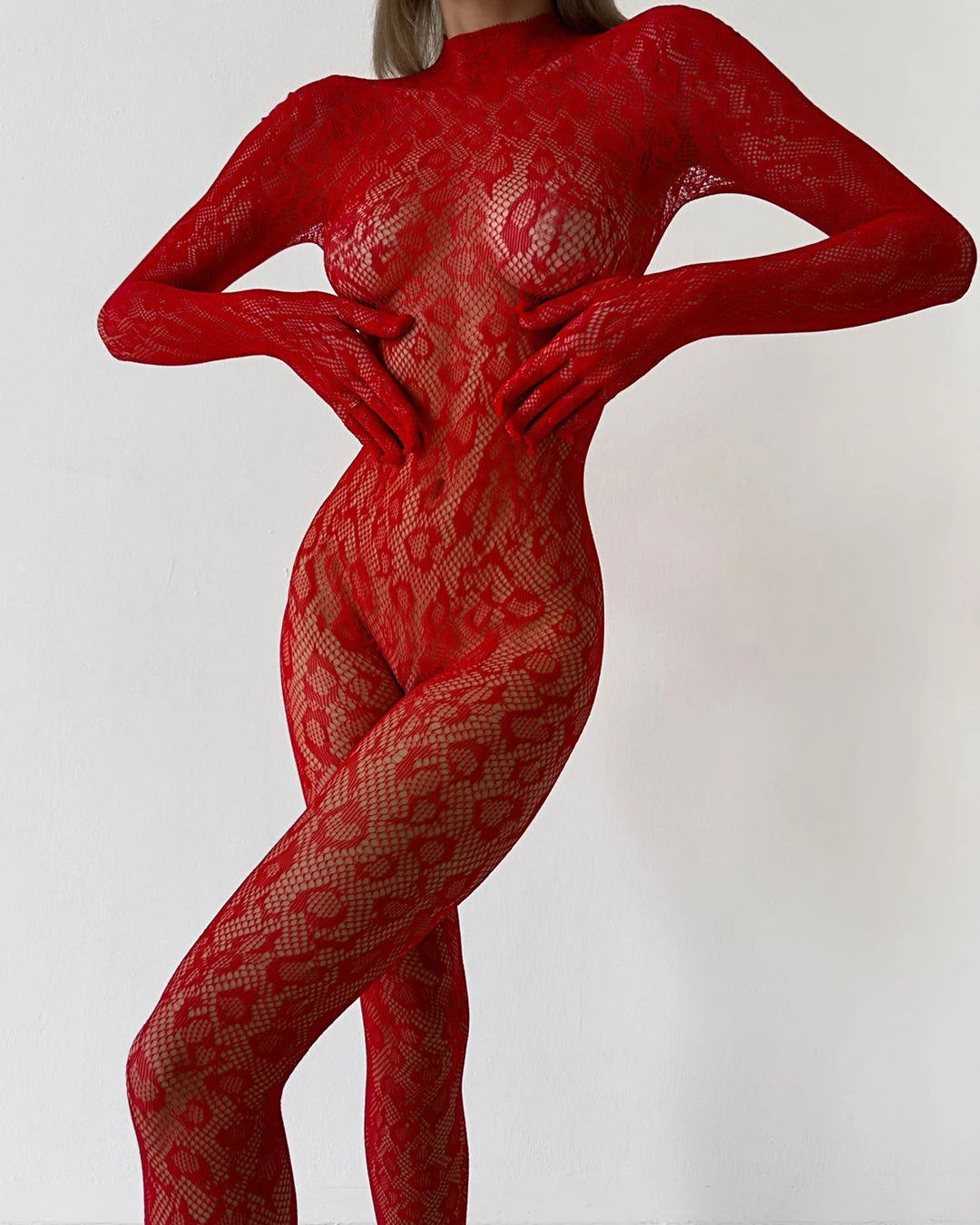 Backless sheer long sleeve jumpsuit from The Clothing Company Sydney, featuring a one-piece adult cosplay lingerie outfit.