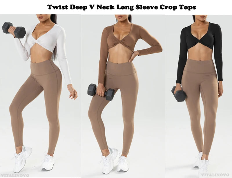 Long sleeve gym crop top by The Clothing Company Sydney with twist design, deep V neckline, quick-dry fabric, padded for fitness and yoga.