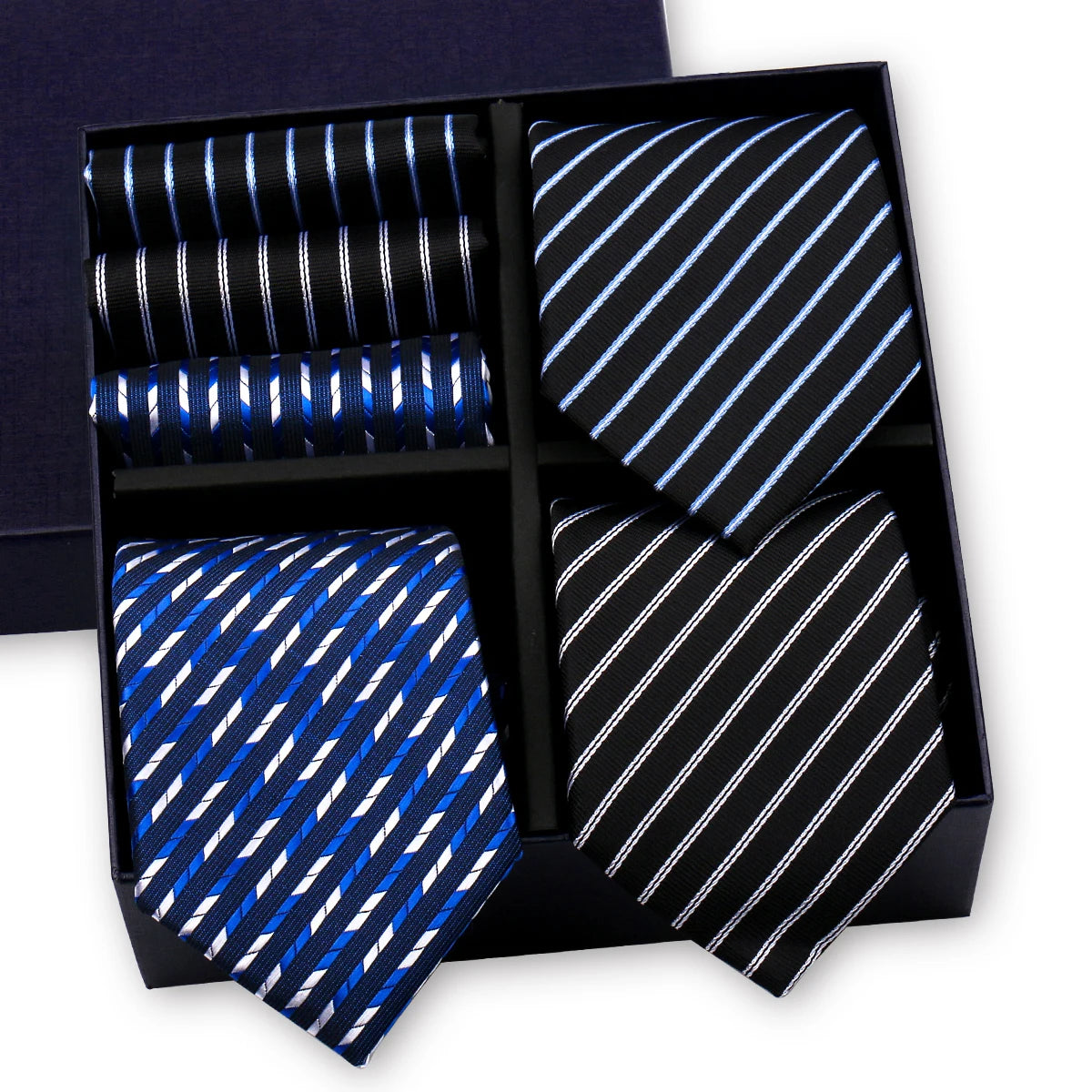 Luxury men's tie set with paisley and striped necktie, matching handkerchief in a gift box, from The Clothing Company Sydney.