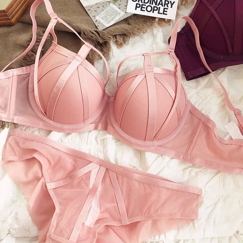 2 Piece Women Lace Underwear Hollow Push Up Bra Set Classic Bandage Lingerie Fashion Fluorescent Plus Size Set