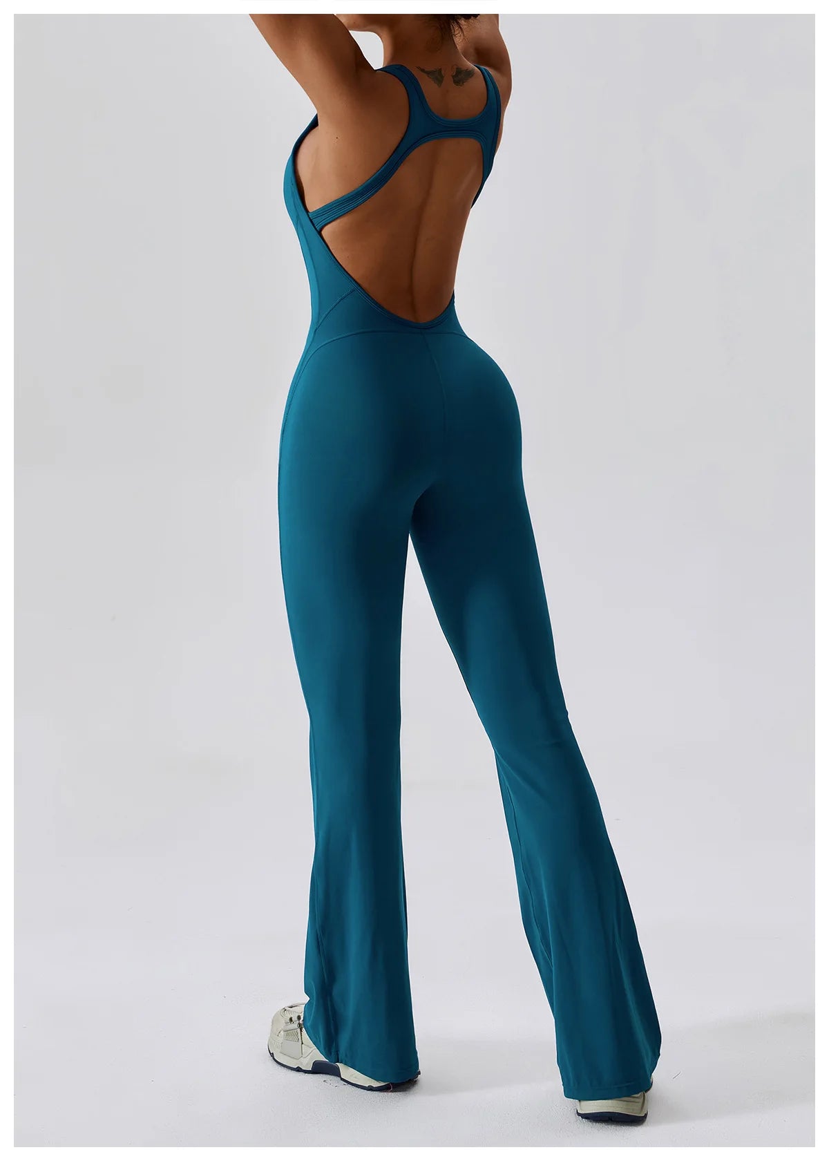 Open back V jumpsuit gym set for women, The Clothing Company Sydney, stylish fitness and yoga romper with stretch fabric for workouts.