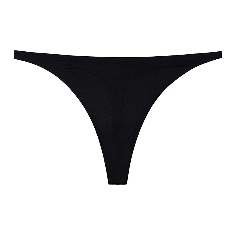 Ice silk thong women's panties, seamless G-string briefs with T-back design in black
