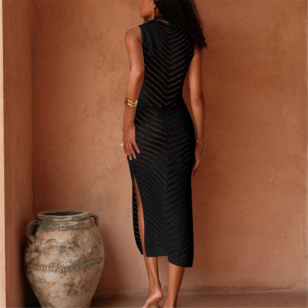 Hollow Out Sleeveless Crochet Knitted Tunic Beach Cover Up Cover-ups Mini Beach Dress Beach Wear Beachwear Female Women V6745 The Clothing Company Sydney