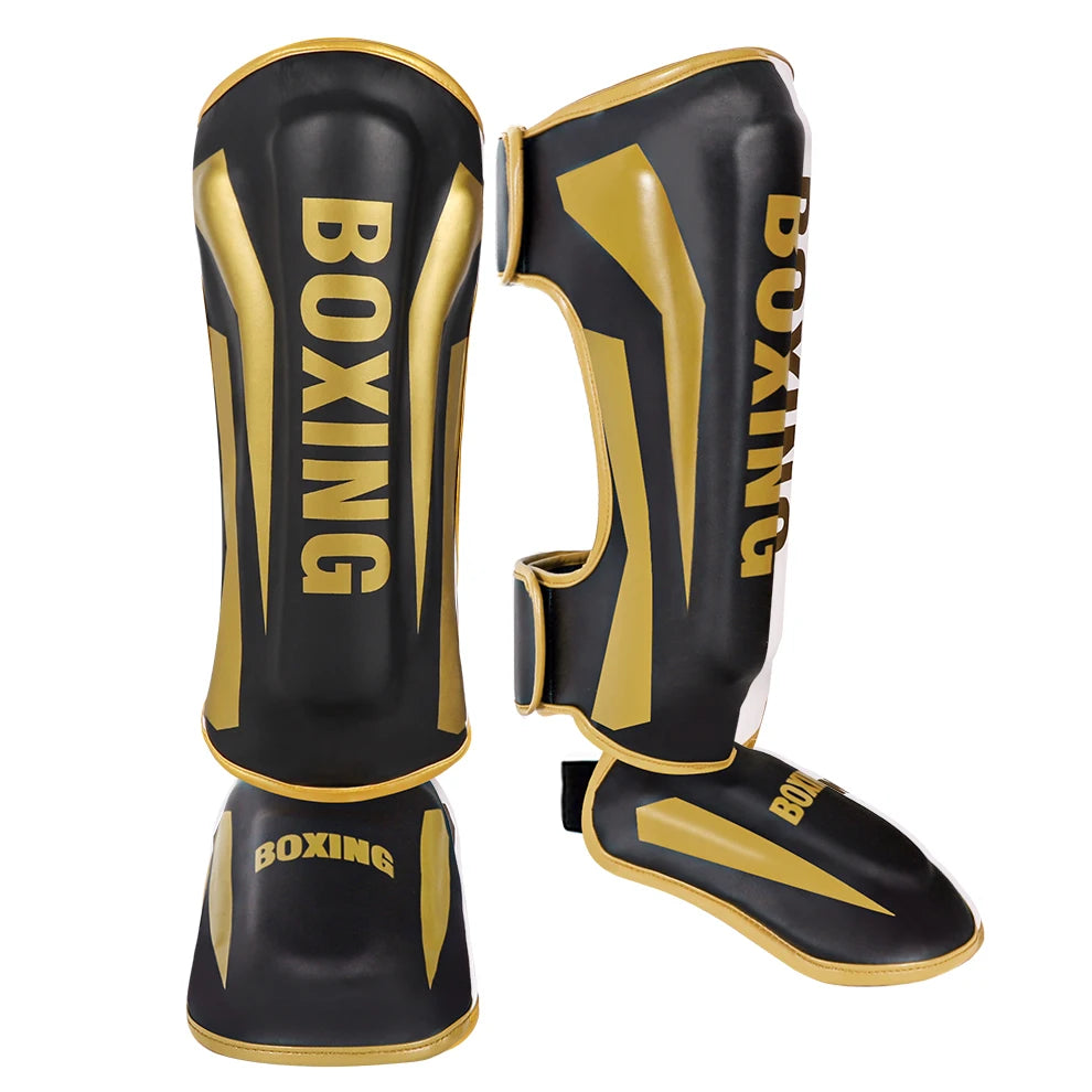 Muay Thai shin guards with foot back, boxing and taekwondo leg protectors by The Clothing Company Sydney