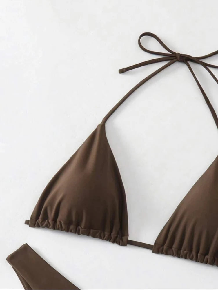 2 Piece Thong Bikini Solid White/Black/Coffee Halter Swimsuit Lace Up Brazilian Bathing Suit Double Fabric Beachwear The Clothing Company Sydney