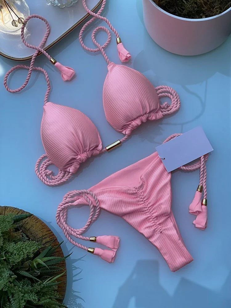 Women's backless rope triangle bikini swimsuit by The Clothing Company Sydney, featuring a stylish, minimal swimwear design.