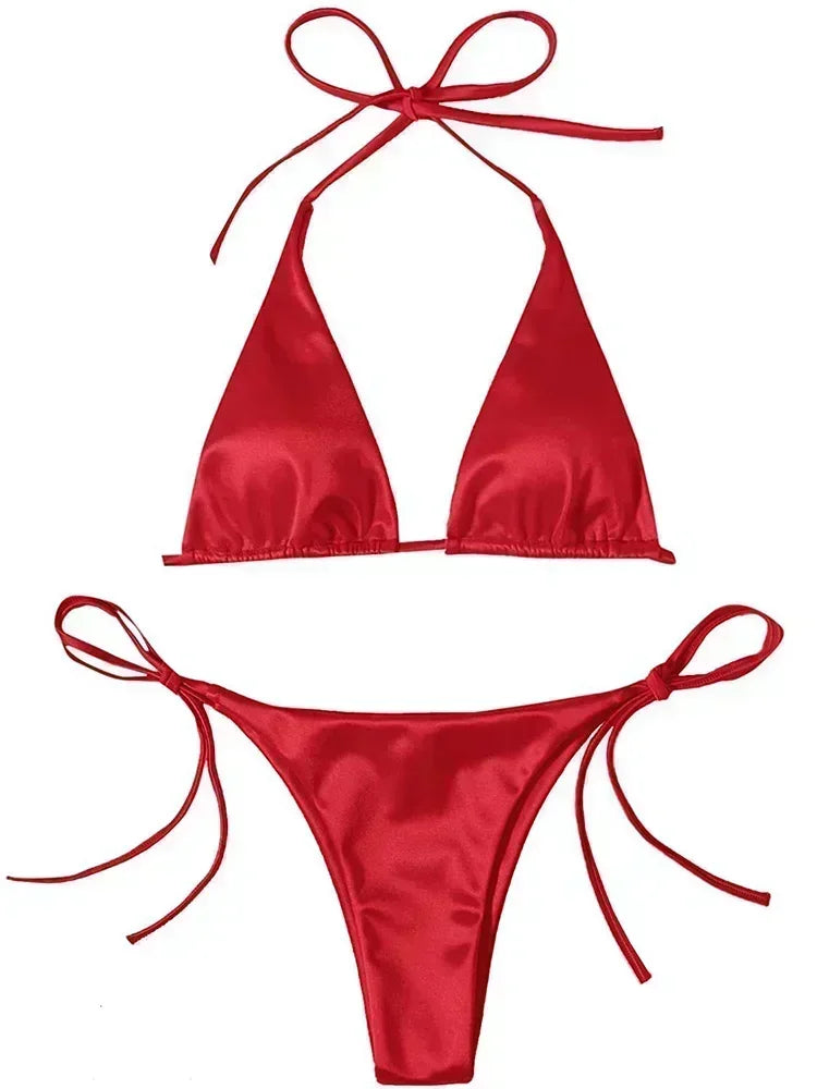 Two-piece metallic satin bikini set with halter top and high-cut bottoms, perfect for beachwear from The Clothing Company Sydney.