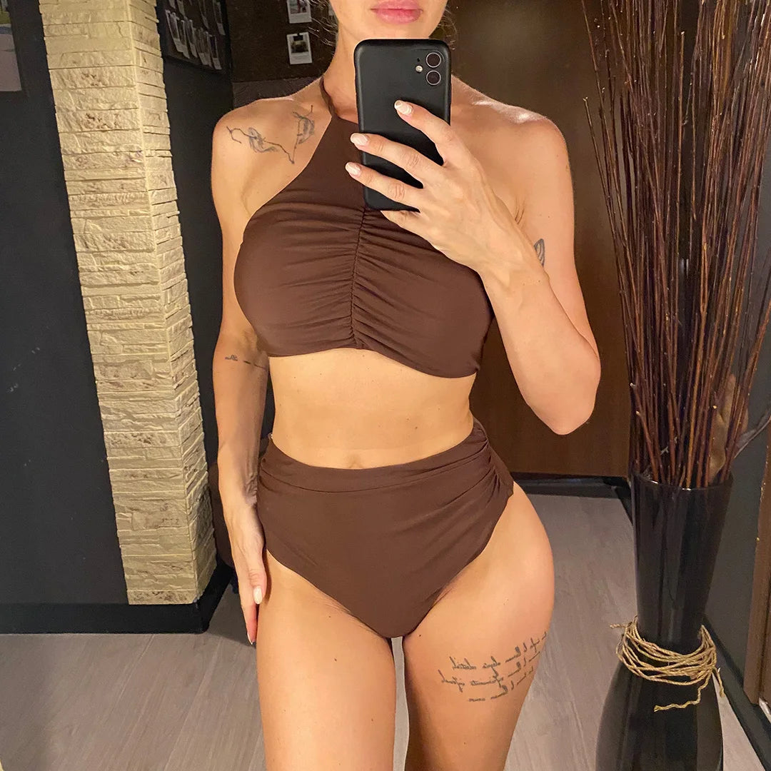 Halter high waist bikini set with wrinkled fabric, high neck design, and two-piece swimwear style by The Clothing Company Sydney.