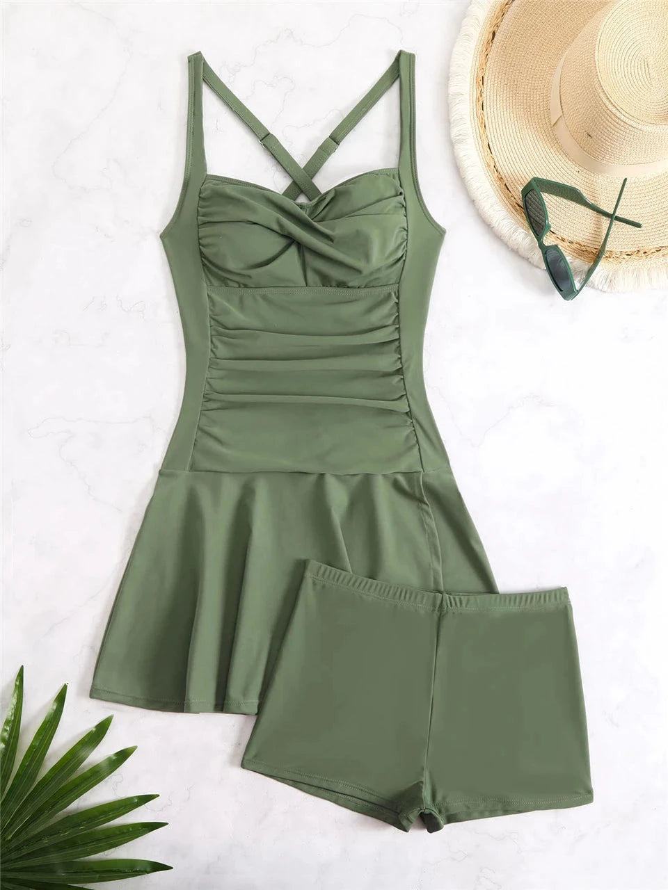 Two-piece women's tankini swimsuit with beach dress and shorts, stylish summer swimwear by The Clothing Company Sydney