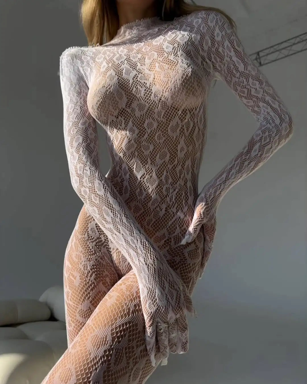 Backless sheer long sleeve jumpsuit by The Clothing Company Sydney, featuring a form-fitting one-piece cosplay and lingerie set.