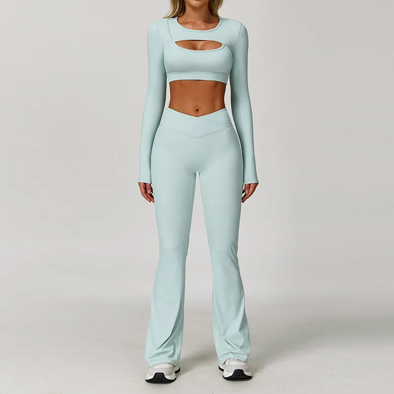 Two-piece women's fitness set with sports bra and gym leggings from The Clothing Company Sydney, ideal for yoga and workout sessions.