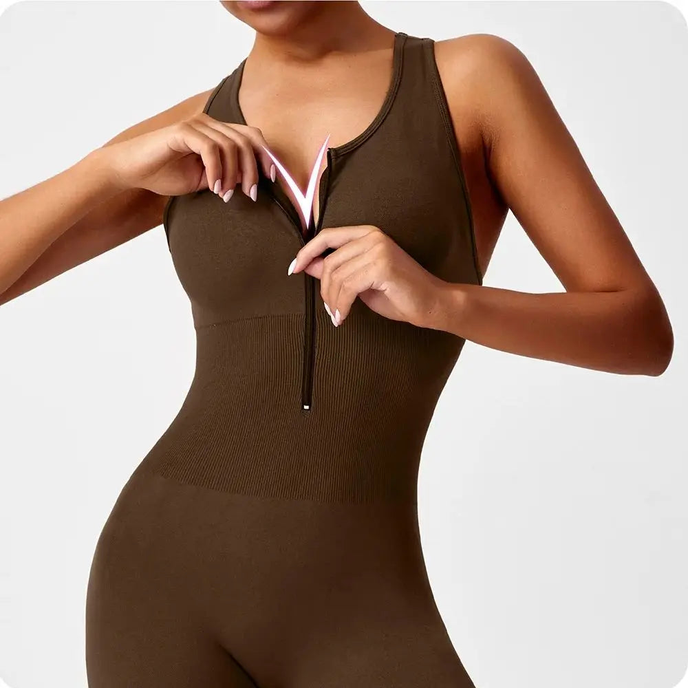Seamless peach-colored women's yoga bodysuit with V-back design, from The Clothing Company Sydney, ideal for gym and activewear workouts.
