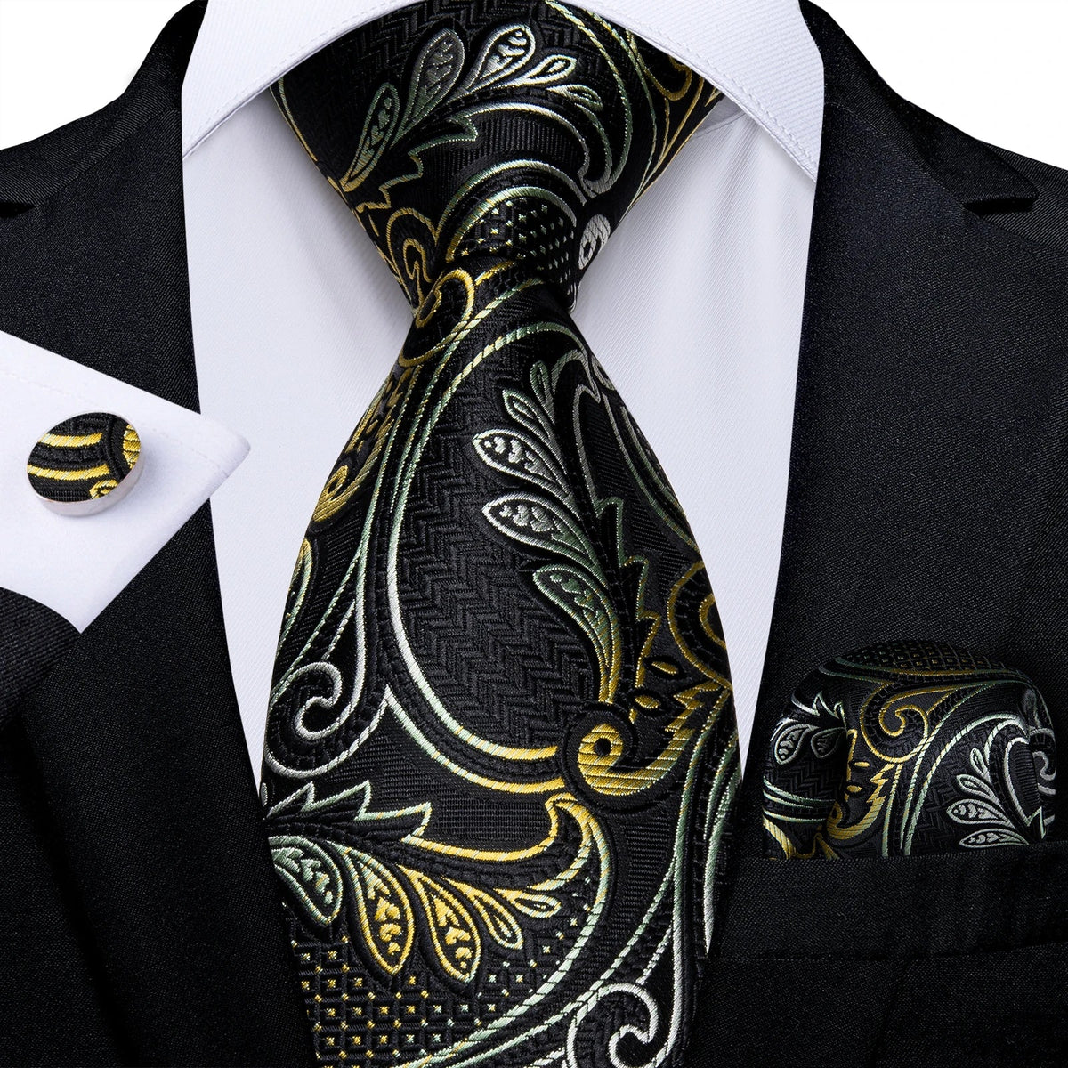 Luxury black and gold paisley silk tie set with matching pocket square and cufflinks, men's accessories by The Clothing Company Sydney.