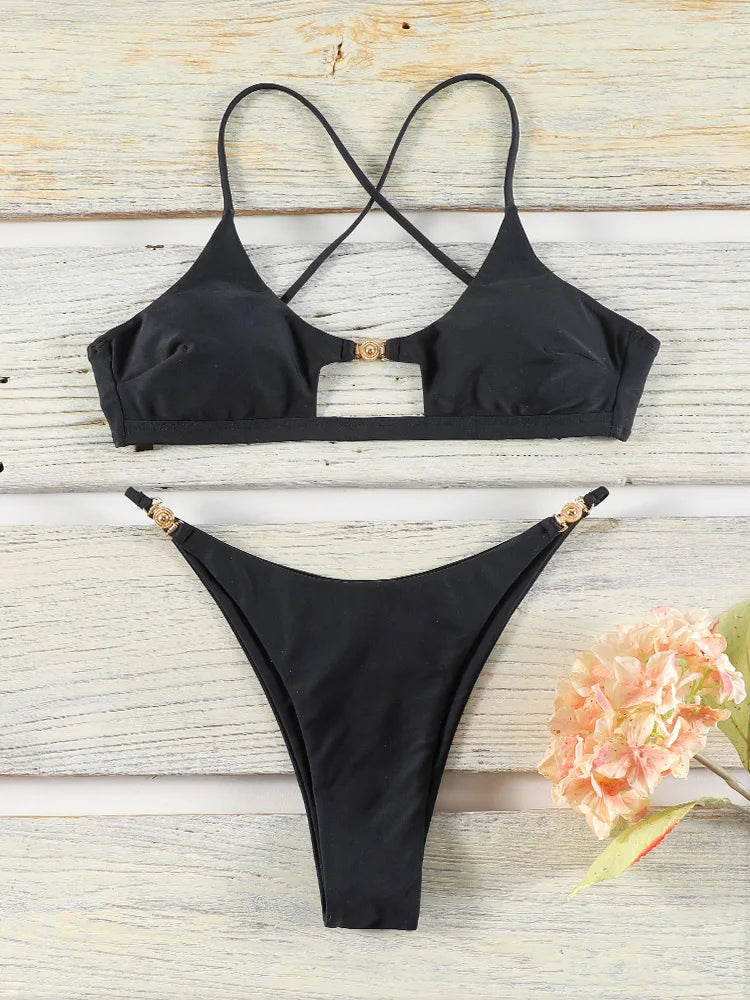 Two-piece push-up bikini set from The Clothing Company Sydney, featuring hollow-out design and low waist swimwear.