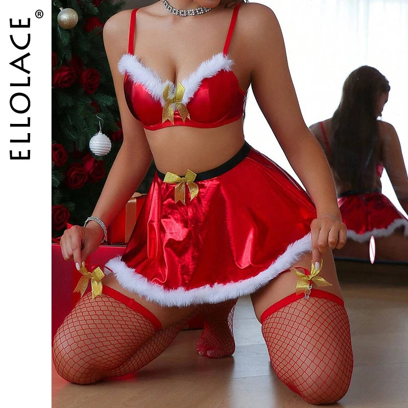 3 Piece Christmas Lingerie Plush Bra Thong Skirt Fishnet Stockings Golden Bowknot Cosplay Costume Set The Clothing Company Sydney