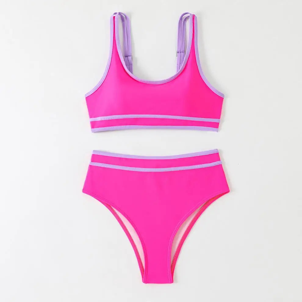 2 Piece Vintage Hot Pink Patchwork Bikini Set Summer Push Up Bra High Waist Swimsuit Beach Bathing Suit Two Piece Swimwear - The Clothing Company Sydney