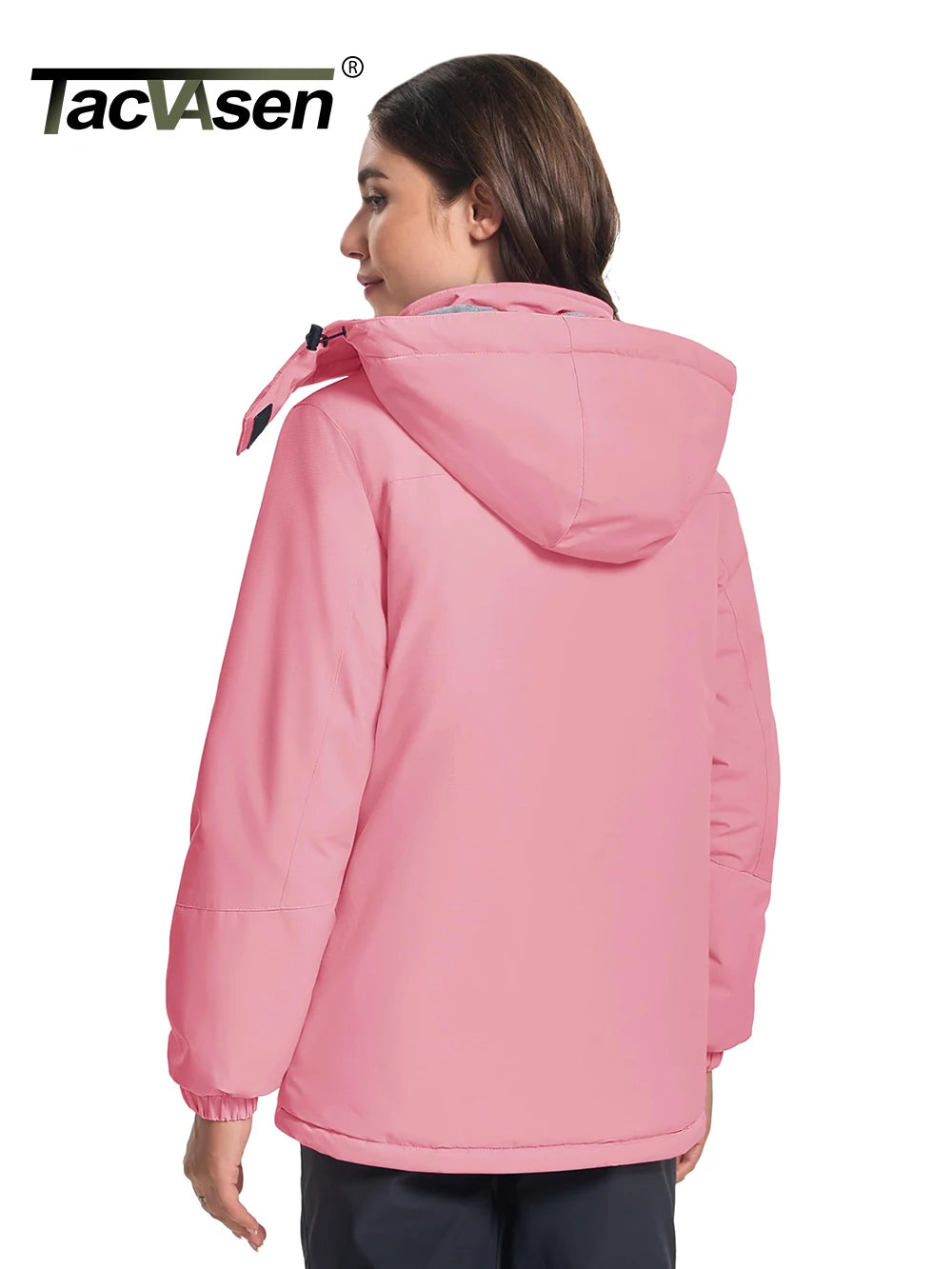 Women's winter waterproof ski jacket with fleece lining, windbreaker, and hood, designed for snowboarding and mountain snow activities.