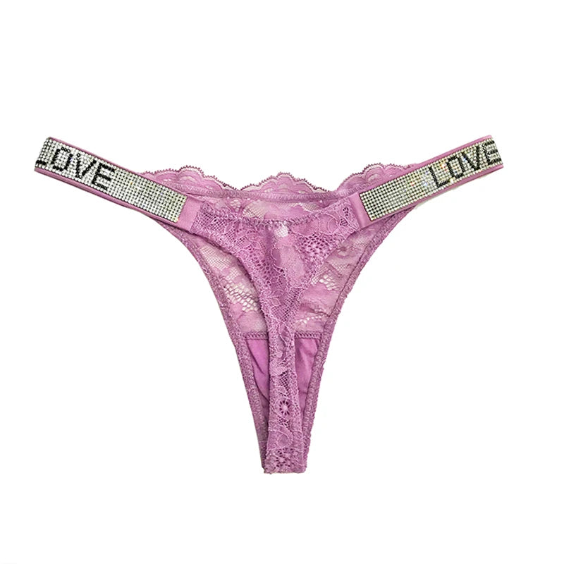 Love Letter Print Rhinestone Panties Women Pink Briefs Low Waist Underwear Ladies Thongs Lingerie Panty Lingerie - The Clothing Company Sydney