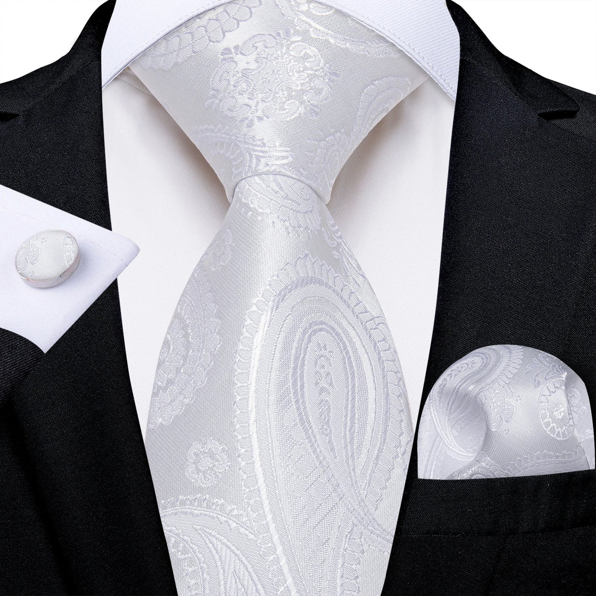Men's gray paisley silk tie set with wedding tie, pocket square, and cufflinks featuring elegant paisley pattern and silk material