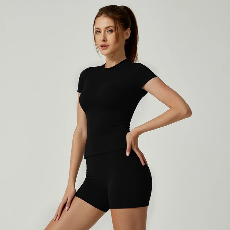 2 Piece Women's Sports Yoga Set Seamless Knitted Fitness Gym Clothes Sportswear Short Sleeve Crop Top Tracksuits Gym Bike Shorts - The Clothing Company Sydney