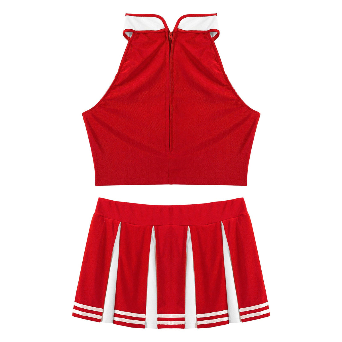 Women's cheerleader cosplay costume by The Clothing Company Sydney, includes stand collar crop top and mini pleated skirt.