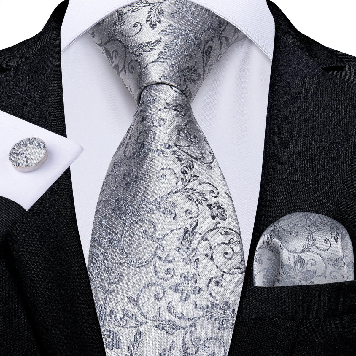 Men's gray paisley silk tie set with matching pocket square and cufflinks, perfect for wedding attire by The Clothing Company Sydney.
