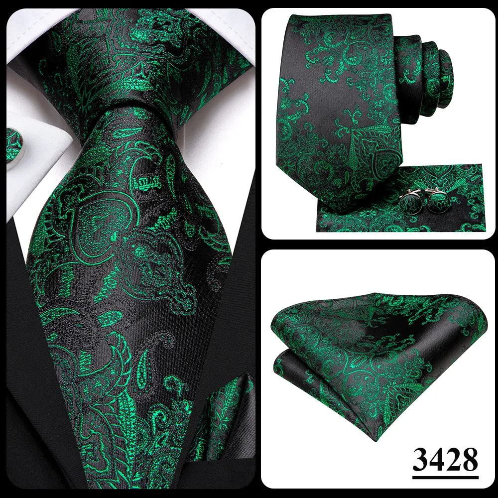 Green paisley silk tie set for men including necktie, pocket square, and cufflinks, from The Clothing Company Sydney accessories collection.