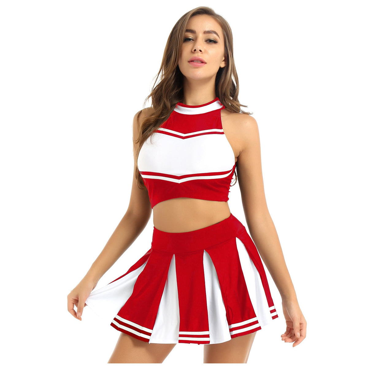 Women's cheerleader cosplay costume with stand collar crop top and mini pleated skirt, vibrant carnival cheerleading outfit.