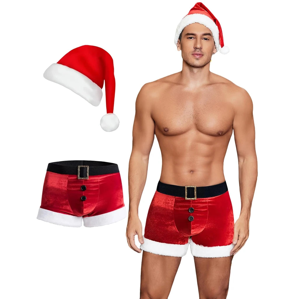 Men's Christmas lingerie set with red and white boxer briefs and Santa hat, festive holiday underwear from The Clothing Company Sydney.