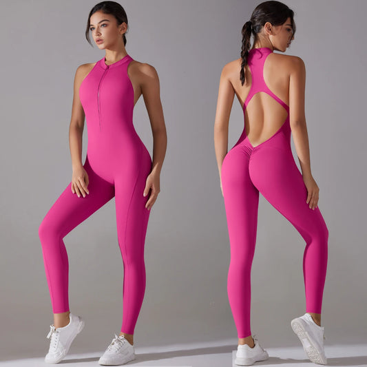 Hollow Backless Scrunch Sporty Jumpsuit Woman Gym Set One Piece Sport Suit Sleeveless Zip Yoga Fitness Overalls
