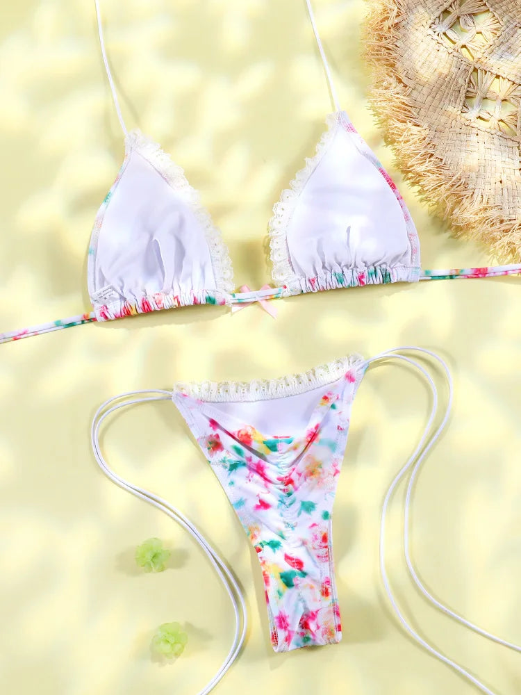 2 Piece Triangle Micro Thongs Swimsuit Bathing Suit Bandage Beachwear Print Swimwear Thong Bikini Set