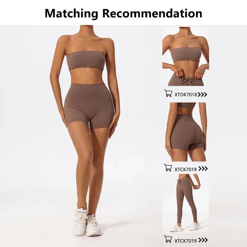 Two-piece women's fitness sports set with strapless bra and yoga crop top, ideal for workout and gym activities.