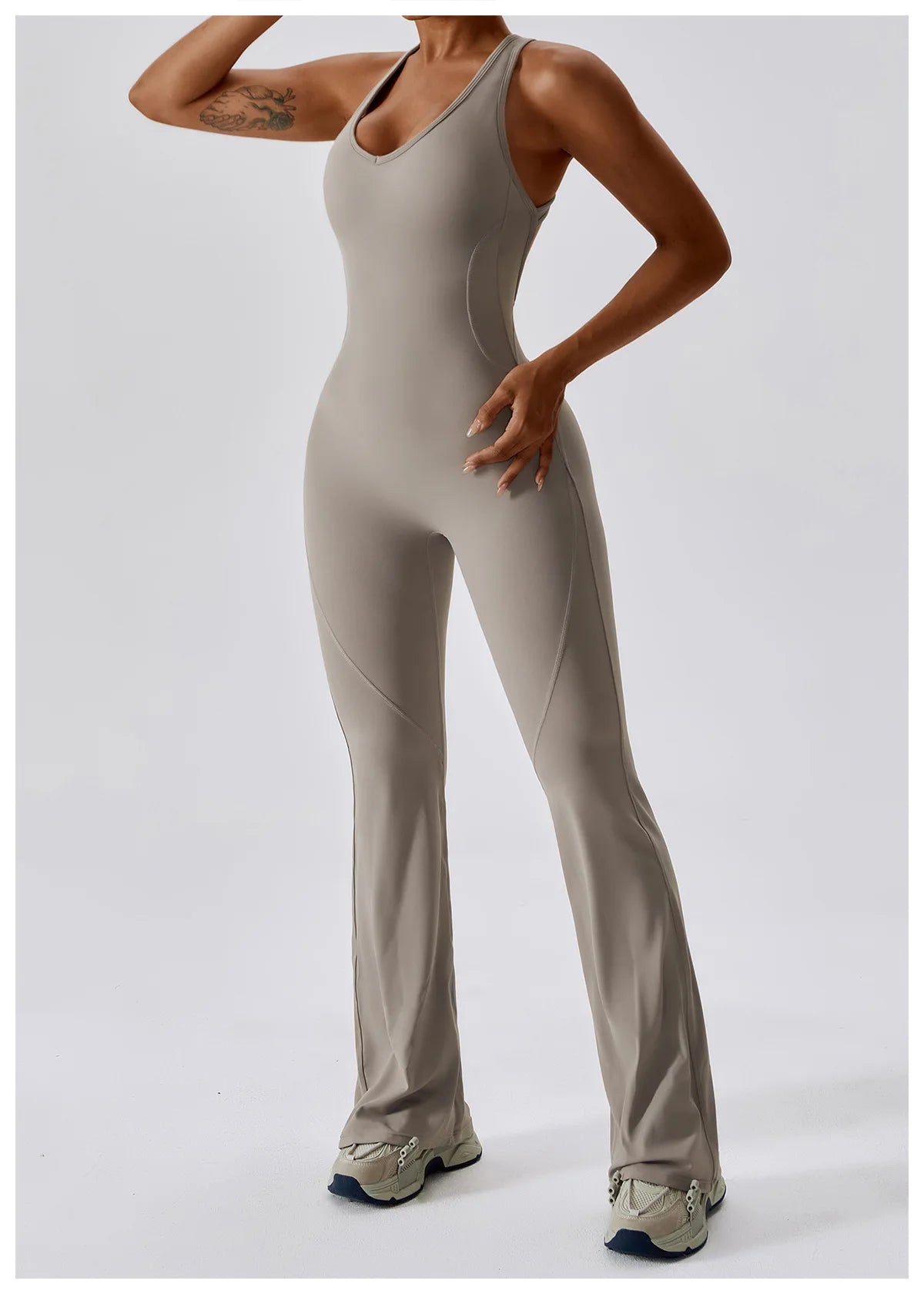 Open back V jumpsuit gym set for women, sportswear by The Clothing Company Sydney, perfect for yoga, training, and fitness workouts.