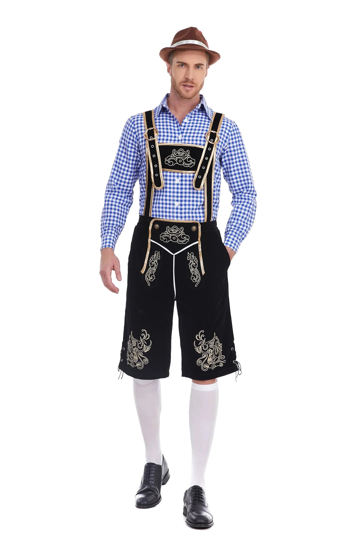 Men's Bavarian Lederhosen costume with suspenders, shirt, and hat for Oktoberfest, featuring traditional German festival attire.